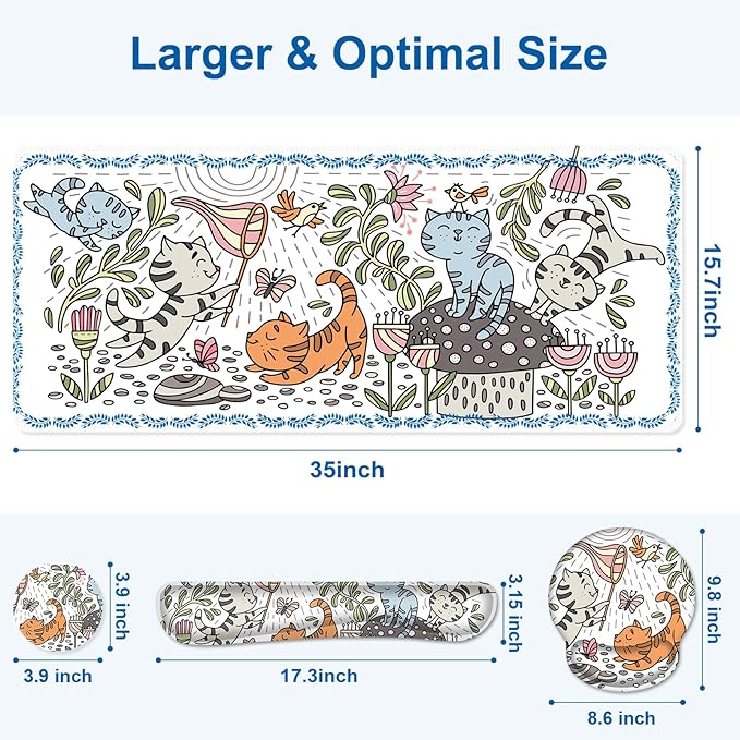 Cute Desk Mat, 4in1 Large Mouse Pad with Wrist Rest, Desk Matt for Desktop, Desk Pad Mat, Anti-Slip XXL Computer Ergonomic Mousepad with Wrist Support for Keyboard and Mouse I Funny Cat Animals