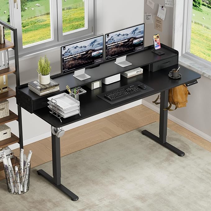 Furmax Electric Standing Desk with Drawers, Stand Up Desk with Storage Shelf Height Adjustable Computer Desk with Organizer for Home Office Ergonomic(Black, 63 Inch)