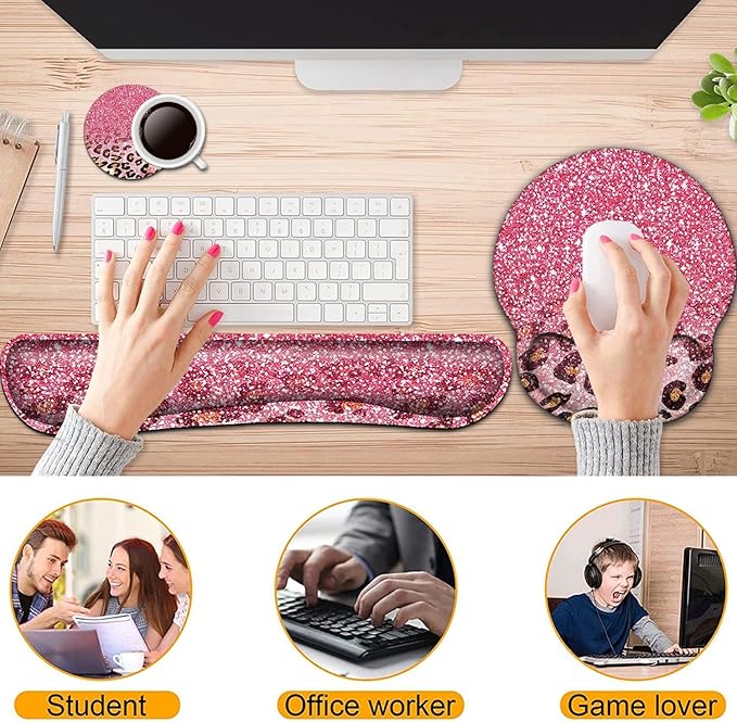 Keyboard Wrist Rest and Mouse Pad with Wrist Support, Ergonomic Mouse Pad Coaster,Easy Typing Pain Relief, Memory Foam Keyboard Mousepad Set, Pink Leopard