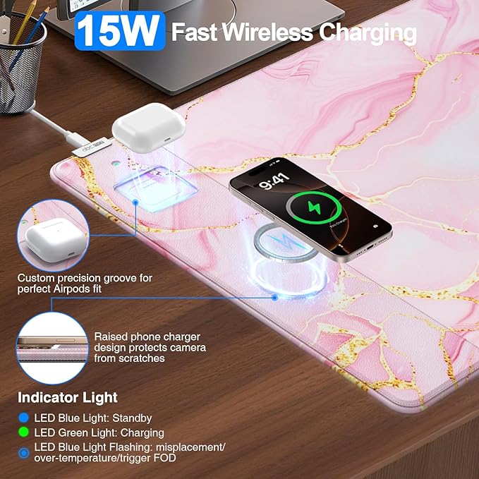 Pink Marble Mouse Pad with 15W Wireless Charging, 31.5"x15.8" Large Gaming Desk Pad/Mat for Women Girls, Waterproof Ultra-Smooth Surface, Non-Slip Base