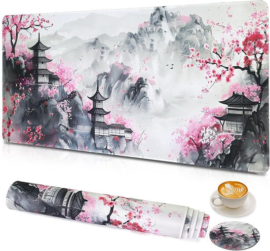 Large Gaming Mouse Pad with Coaster, Desk Matt for Desktop, Desk Pad, Mouse Pads Mat, Stitched Edges Big Extended Mousepad for Computer Keyboard Laptop Office Decor, 31.5'' x15.6''-Japanese Anime