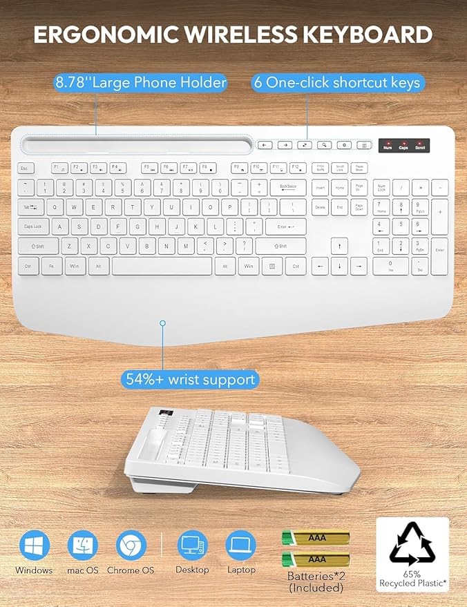 SABLUTE Wireless Keyboard and Mouse, Wrist Rest, Phone Holder, Batteries Included, 2.4G Lag-Free Ergonomic Keyboards Mouse Combo, Silent Keyboard Cordless Set for Computer, Laptop, PC, Windows, White