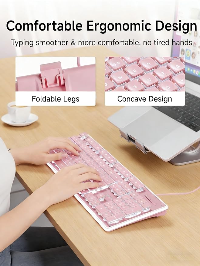 EWEADN GX710S Backlit Computer Keyboards, Wired USB Keyboard with White Backlit, Metal Panel, Plug and Play, Pudding Keycaps Full Size Quite Computer Keyboard for Win/PC/Laptop-Pink