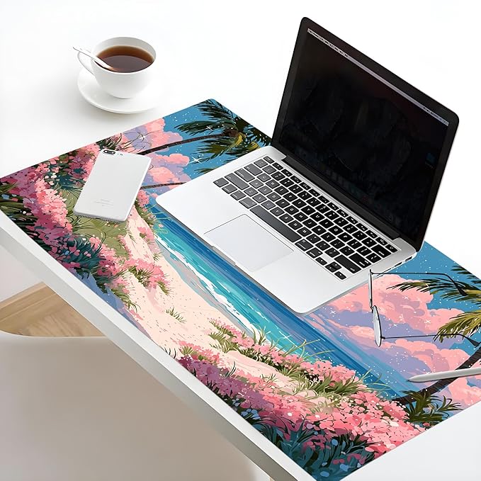 HVEST Pink Floral Beach Mouse Pad, Tropical Ocean Pastel Cloud Desk Mat,Large Mouse Pad for Laptop Computer, Mousepad with Non-Slip Rubber Base and Stitched Edge for Game, Office, Home 31.5'' x 15.7''