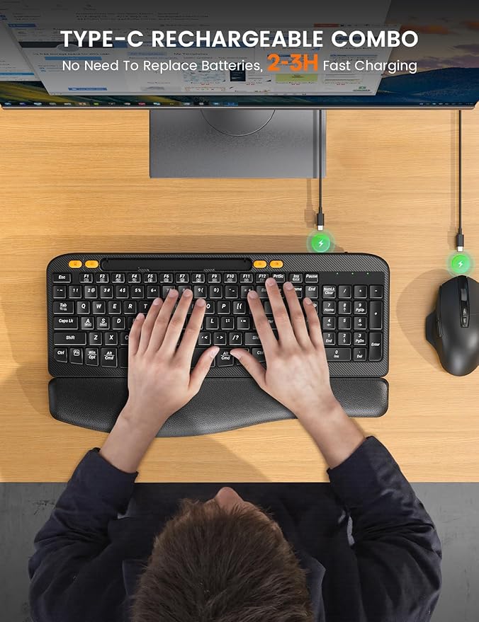 Wireless Keyboard and Mouse Combo, Ergonomic Wave Keys, Cushioned Palm Rest, Rechargeable, Phone Holder, Natural Typing, 2.4G Lag-Free, MA22 Plus Full Size Keyboards Set for Windows/Mac -SABLUTE