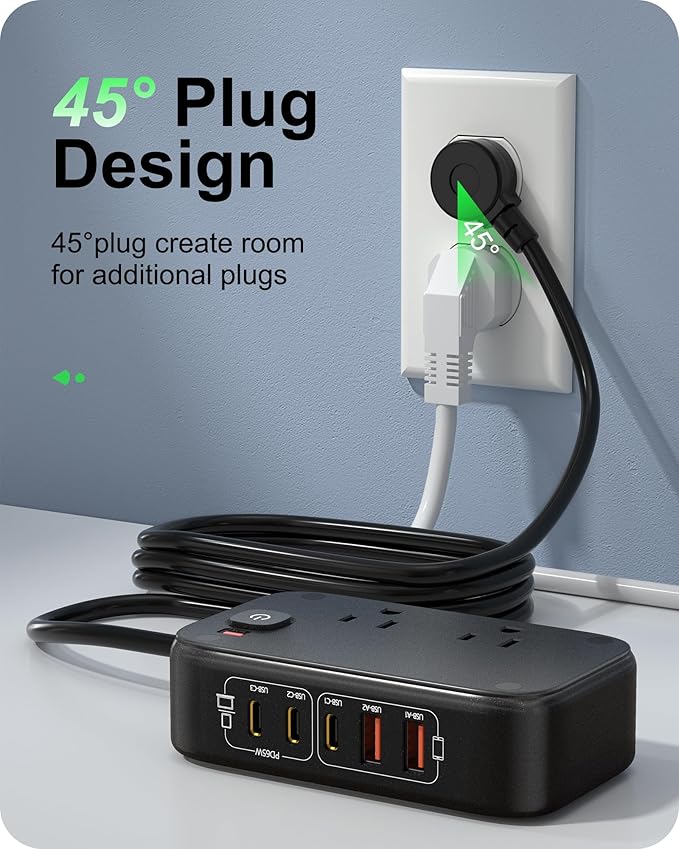 7-in-1 Power Strip, PD GaN 65W USB C Power Strip with 3 USB-C, 2 USB-A Ports and 2500W AC Outlet, Flat Plug Essentials for Home/Office/College/Travel (Pearl Black, 65W)