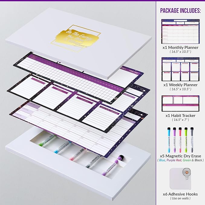 Magnetic Whiteboard for Fridge - Large Dry Erase Calendar for Wall | 2 Magnetic Dry Erase Board 10.5" x 16.5" & 7" x 16.5", Monthly Goal Setting & Habit Tracker, 5 Markers and 6 Adhesive Hooks