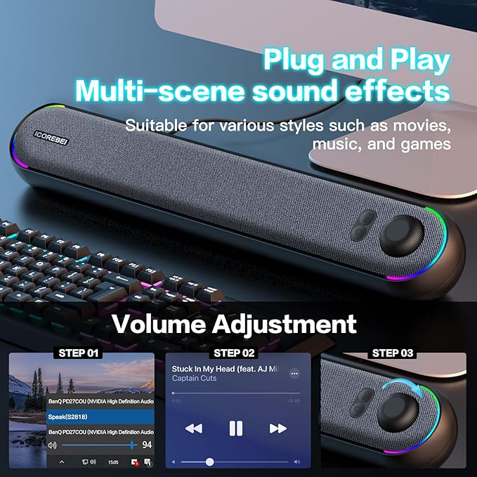 Desktop Computer Speakers, Stereo Soundbar, Bluetooth 5.3, USB/Type-C Power and Audio Transmission, Plug-and-Play, Compatible with PC, Mac, Laptops, Monitors, RGB Lighting, Wired Gaming Speakers