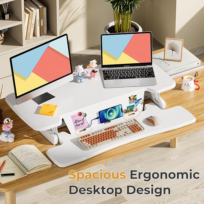 JOY worker Standing Desk Converter, 35" Height Adjustable Sit Stand Up Desk Riser with Keyboard Tray & 6 Fridge Magnets, Desktop Workstation Riser for Home Office Computer Laptop, White