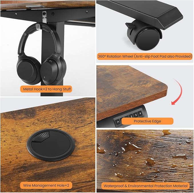 Electric Adjustable Standing Desk with Wheels, 63'' x 24''Sit Stand Desk with Dual Crossbeam Structure and Mouse Pad, 27''-46'' Lifting Range Stand up Desk(Brown)