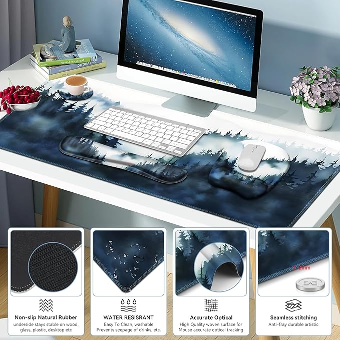 Large Mouse Pad, Keyboard Wrist Rest Set, Ergonomic Mouse Pad with Wrist Support, Desk Mat with Stitched Edges + Coaster, Extended Desk Pad Waterproof Desk Mat for Home Office Game I Misty Forest