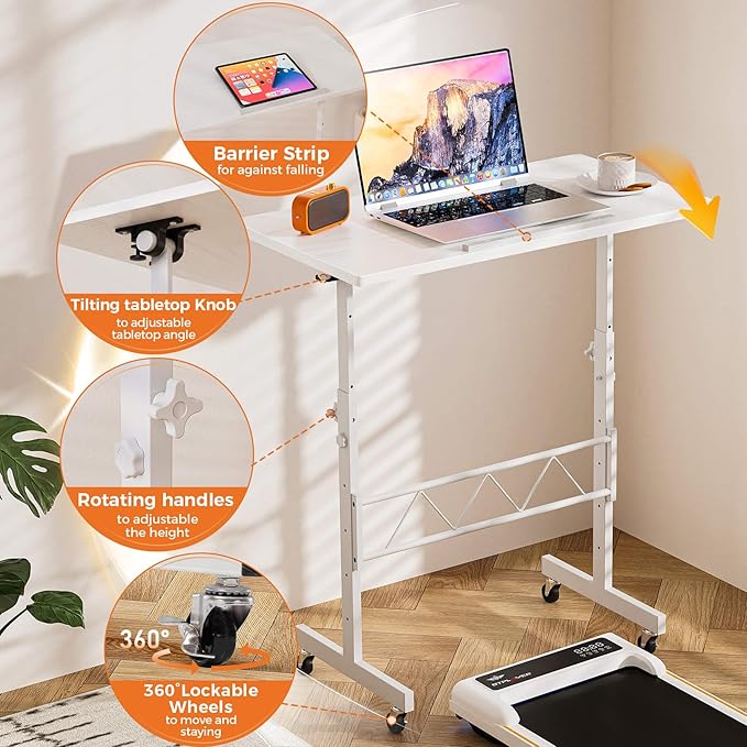 GTPLAYER Standing Desk Adjustable Height & Tiltable Tabletop, 32 Inch Portable Desk for Home Office Stand Up Work and Walking Pad Treadmill, Small Mobile Computer Table for Laptop, White
