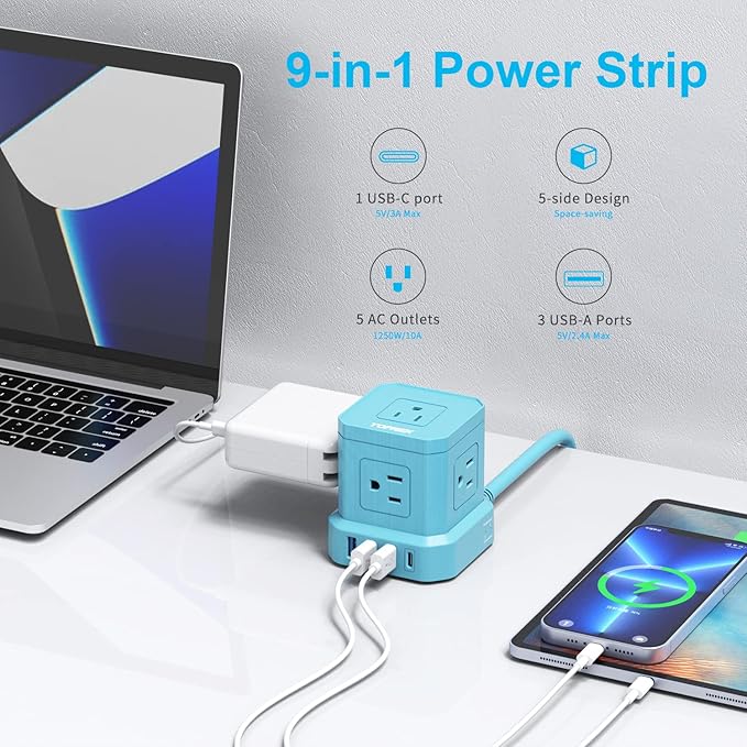 Power Strip with USB-C (3.0A), TOPREK Surge Protector (700J), TOPREK 10 FT Extension Cord with Flat Plug, 5 AC Outlets 4 USB, Desk Charging Station for Living Room, Nightstand, Office, Travel