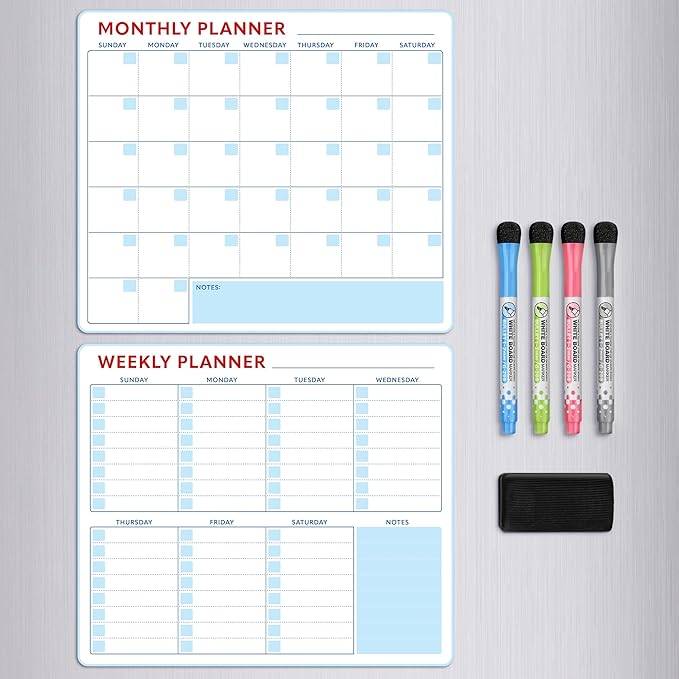 Magnetic Whiteboard Calendar for Fridge – 2-Pack Monthly & Weekly Planners (14”x12”) – Dry Erase Boards with Notes Section, Shaded Dates – Includes 4 Markers & Magnetic Eraser
