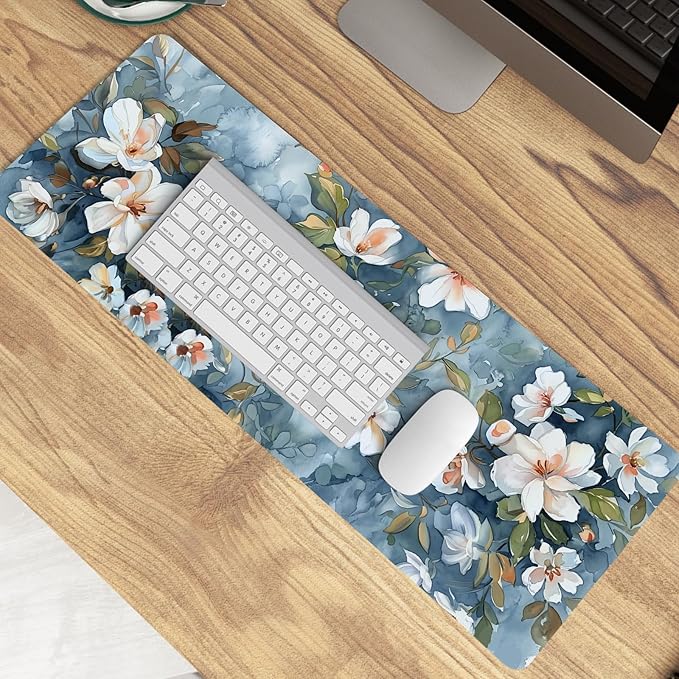 Navy Blue Vintage Watercolor Flowers Mouse Pad,Aesthetic Summer Flower Desk Mat,Spring White Wildflowers Mouse Pad,Elegant Botanical Mousepad for Home Office Dorm Desktop Decor,31.5x11.8 Inch