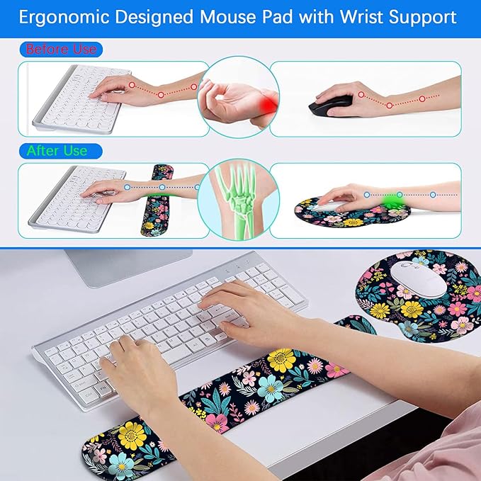 Mouse Pad Wrist Support and Keyboard Wrist Rest with Coaster,Non-Slip Rubber Base Ergonomic Gaming Mousepad for Home Office Working Studying Easy Typing & Pain Relief,Colorful Blooming Floral Flower