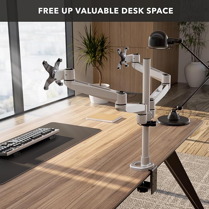 Mount-It! CLiX Dual Monitor Desk Mount Full Motion Arms, TAA-Compliant, Monitor Mounts for 2 Monitors 13-32" up to 19.8 lbs Each, VESA 75 100, C-Clamp Grommet, Premium Aluminum Dual Monitor Arm Silver