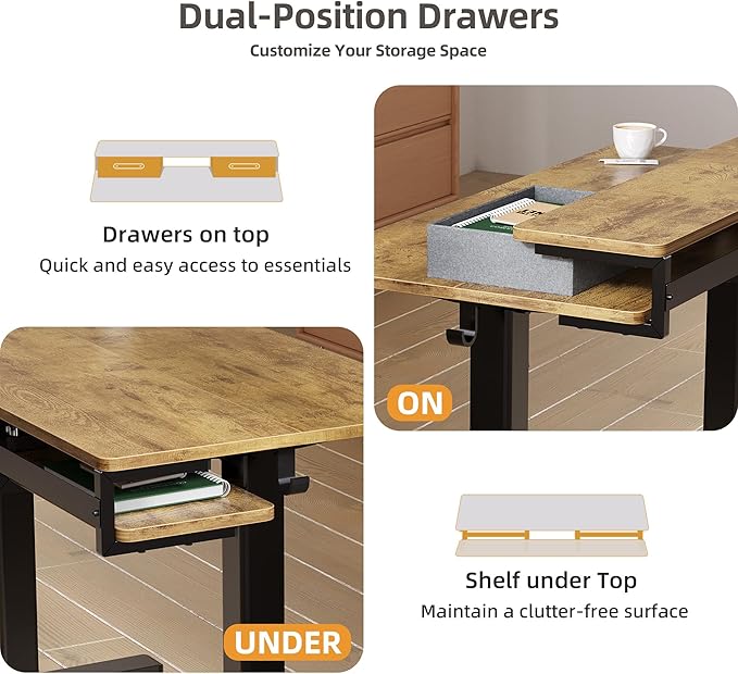 Seang Electric Standing Desk with 2 Drawers, Adjustable Standing Desk with Storage Shelf, Height Adjustable Stand up Desk for Home Office with 3 Presets & 2 Hooks, 55 Inch, Rustic Brown