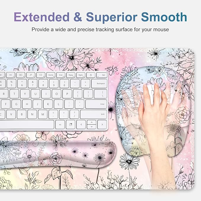 Large Mouse Pad, Keyboard Wrist Rest Set, Ergonomic Mouse Pad with Wrist Support, Desk Mat with Stitched Edges Extended Desk Pad Waterproof Desk Mat for Home Office Game I Dandelion & Sunflower