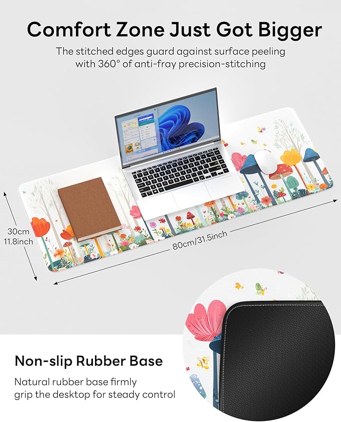 Floral Mouse Pad, 31.5 x 11.8 Large Desk Mat with Stitched Edges & Non-Slip Base, Mousepad for Office, Home, Work, Spring Flower