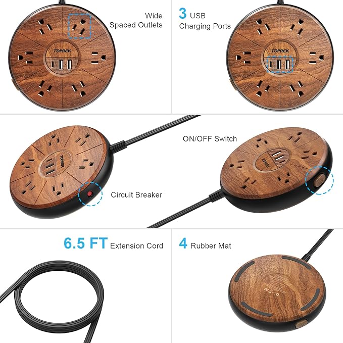 Power Strip with USB, PD 20W USB-C Charging, 6.5 FT Extension Cord with 6 Outlets, 1 USB-C, 2 USB-A, TOPREK Power Strip Surge Protector, Wood Finish Desk Charging Station for Home, Office, Dorm