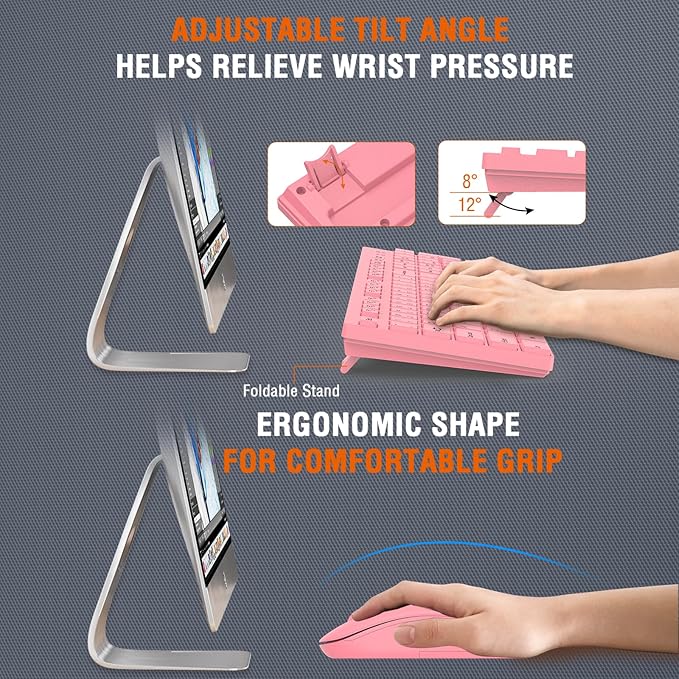 Wireless Keyboard and Mouse Combo, EDJO Silent Full Size Cordless USB Keyboard Mouse, 2.4GHz Lag-Free, Long Battery Life, for Computer, Laptop, PC, Chromebook, Windows (Pink, 1 Pack)