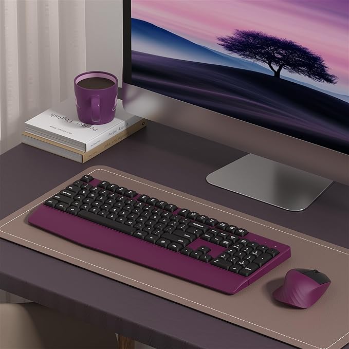 Wireless Keyboard and Mouse Combo, Full-Sized 104 Keys 2.4GHz Wireless Keyboard with Palm Rest and Wireless Mouse for Windows, Mac OS PC/Computer/Laptops/Desktops(Burgundy)