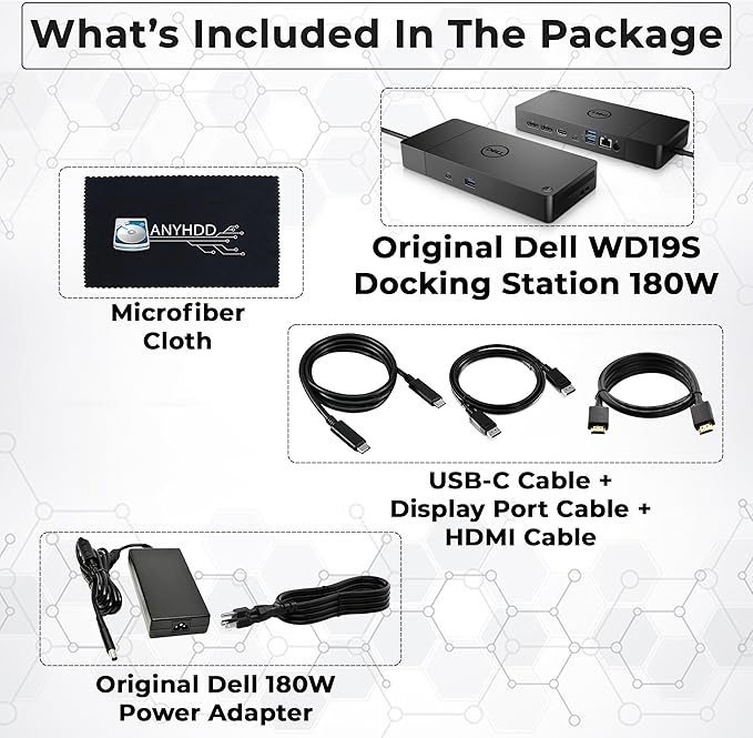 WD19S Docking Station 180W (130W Power Delivery) - Docking Station Dual Monitor, Dock Station with 180W Power Supply + HDMI Cable + DisplayPort Cable + USB-C Cable + Microfiber Cloth (Renewed)