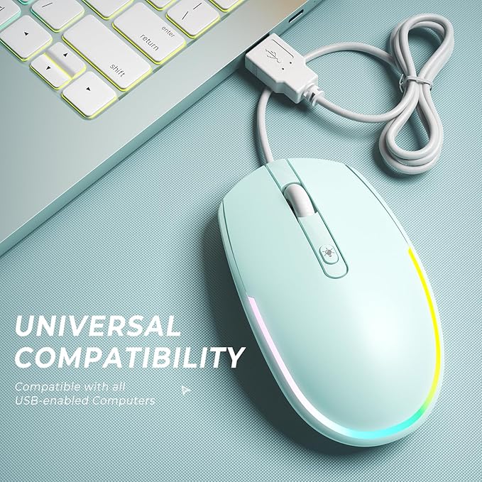 seenda Wired Mouse - USB Computer Mice Wired with RGB Backlit Optical LED Mouse with Attached USB Cord for Laptops Notebooks Chromebook - Mint Green