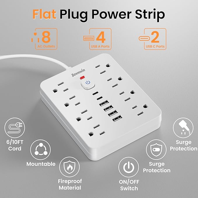 Surge Protector Power Strip - 8 Outlets(1250W/10A) 4 USB A（2 USB C, 6FT Flat Plug Extension Cord, Wall Mount Multi Plug Outlet Extender, ETL Listed for Home, Dorm Room