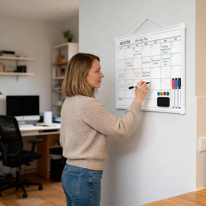Monthly Whiteboard Calendar for Wall, 16" x 12" Small Hanging Dry Erase Calendar, Double-Sided White Board for Office, School, Kitchen, Kids Room