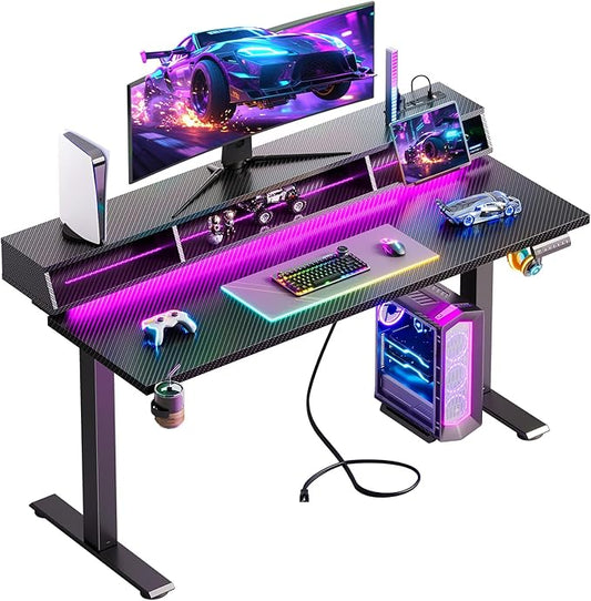 OffiGo Gaming Standing Desk with LED Light, 55 Inch Electric Height Adjustable Table with Power Outlet & Monitor Stand, Sit Stand Computer Workstation for Home, Bedroom, Black