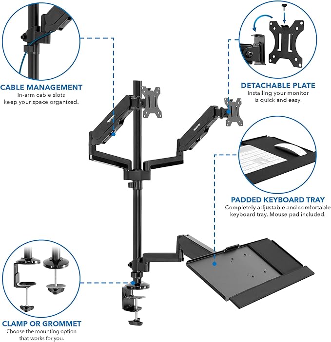 Mount-It! Dual Monitor Arm Desk Mount Sit-Stand Workstation with Keyboard Tray, Height Adjustable Gas Spring, Fits Two 17–32” Screens, 17.6 lbs Each, VESA 75x75 100x100, Clamp or Grommet (Black)