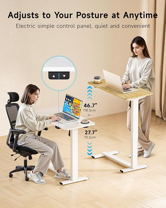 BIZUM Small Electric Standing Desk Bedside Table with Hidden Wheels 31.5 x 15.8 Inch Adjustable Computer Laptop Office Desk, Maple