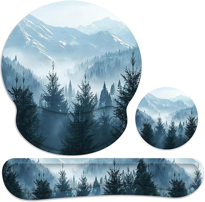 Ergonomic Mouse Pad with Wrist Rest and Keyboard Wrist Rest, Mousepad and Wrist Rest for Computer Keyboard, Pain Relief, Non-Slip Rubber Base, Mouse Pad with Wrist Support for Gaming, Cloud Forest