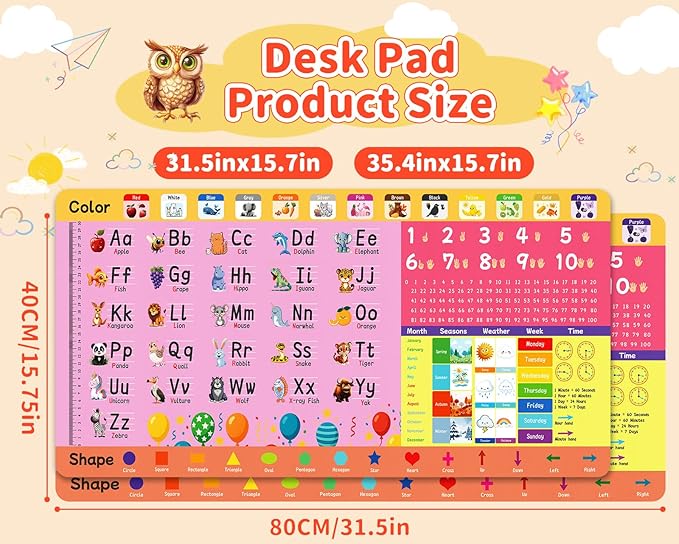 Kid's Desk Mat Cute Early Education Leather Desk Mat, Kawaii Pink Toddler Letter Digital Waterproof Desk Writing Pad, Large Keyboard and Mouse Mat for Classrooml/Kindergarten(35.4" X 15.7")