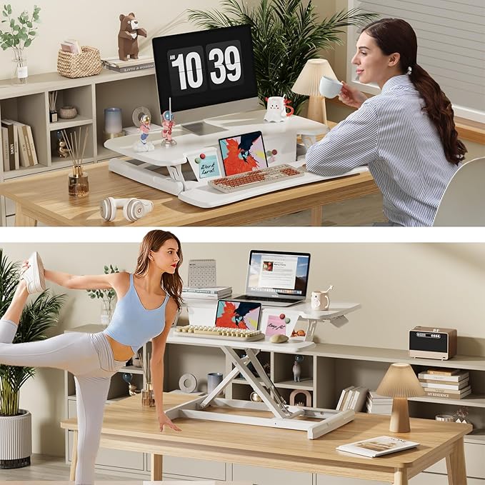 JOY worker Standing Desk Converter, 32" Height Adjustable Sit Stand Up Desk Riser with Keyboard Tray & 6 Fridge Magnets, Desktop Workstation Riser for Home Office Computer Laptop, White