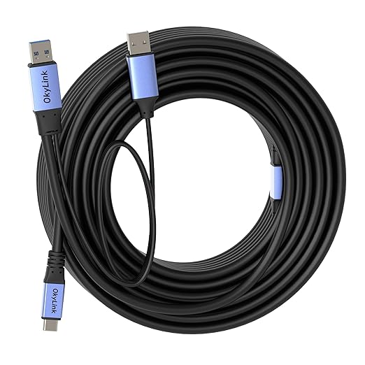 OkyLink Active USB 3.0/3.2 Gen1 A to C Data Cable 50ft/15M – High-Speed 5Gbps, Signal Booster, Optional Power, Long-Distance Cable for VR, External Storage, Docking Station, Printer