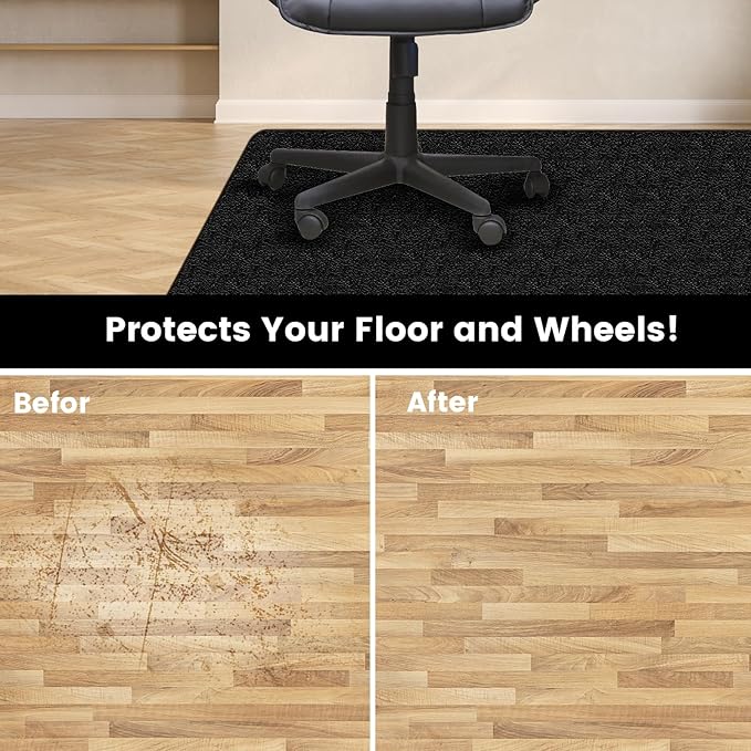 Office Chair Mat for Hardwood Floor: 63" x 51" Extra Large Black Office Chair Mats, Anti-Slip Rubber Floor Mat for Gaming Rolling Chair, Heavy Duty Protector for L Desk, Home, Gaming Easy Glide