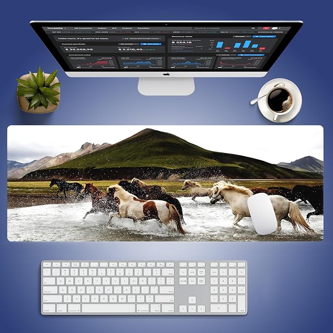 Wknoon. Extra Large Gaming & Office Mouse Pad (31.5" x 11.8") – Running Wild A Herd of Icelandic Horses in a Scenic Mountainous Landscape, Premium Anti-Slip XXL Desk Mat with Durable Stitched Edges