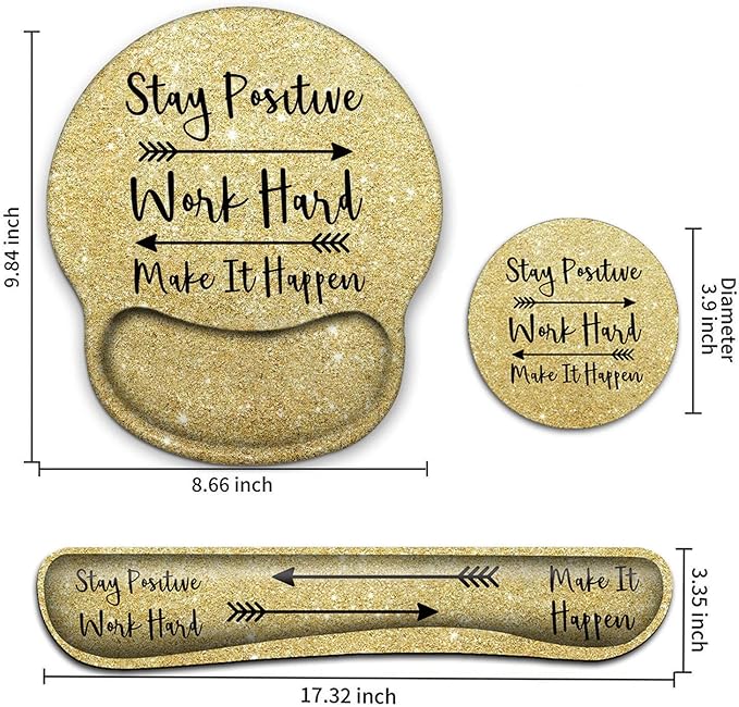 Keyboard Wrist Rest and Mouse Pad with Wrist Support, Ergonomic Gel Mouse Pad Coaster, Easy Typing Pain Relief,Keyboard Mousepad Set,Stay Positive Work Hard and Make It Happen Gold Glitter