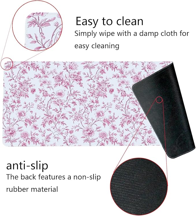 Pink Chinoiserie Mouse Pad,Vintage Pink and White Floral Desk Mat,XL Large Vintage Flowers Preppy Mouse Pad,Girly Laptop Desk Mat for Dorm Home Office,31.5x11.8 Inch