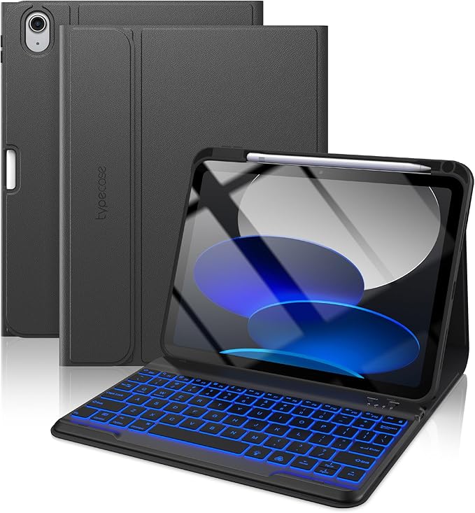 typecase Folio Keyboard Case for iPad 10th Gen 10.9 inch (2022) and iPad 11th (A16, 2025), Magnetic Wireless Detachable Keyboard, 7-Color Backlight, Thin & Light, Pencil Holder – Black
