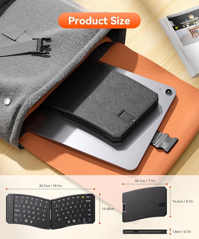 Ergonomic Foldable Keyboard, Portable Folding Travel Bluetooth Keyboard for Business and Travel, 3 Devices Dual-Mode(2.4G+BTx2) Ultra Slim Wireless Keyboards for Windows, iOS, Android, Use on the Leg