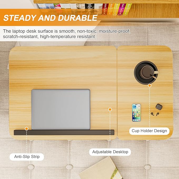 Laptop Desk for Bed, Adjustable Laptops Stand with 5 Adjustable Angles, Portable Lap Tray Table with Cup Holder, Laptop Bed Desk Tray for Eating Working Writing Reading (Walnut)