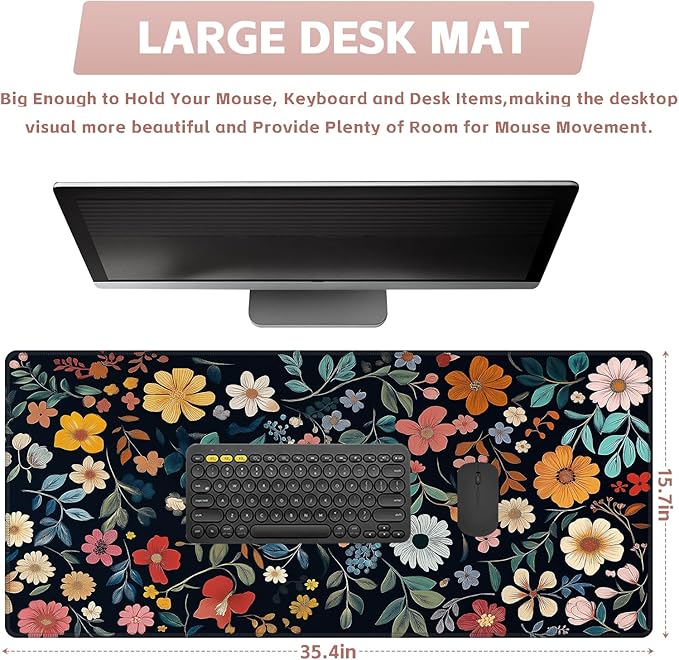 Baziabbo Floral Desk Mat,XXL Extended Big Mouse Pad,Gaming Mousepad with Stitched Edge,Non-Slip Rubber Base Keyboard Desk Pad for Home Office Study Game