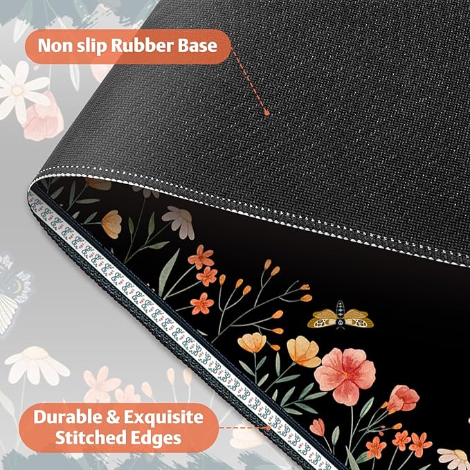Desk Pad for Keyboard and Mouse, Large Mouse Pad for Desk, Non-Slip Keyboard Mat, Computer Mats for Desk, Cute Desk Pad with Stitched Edges for Office, Gaming I Black Butterflies Flowers