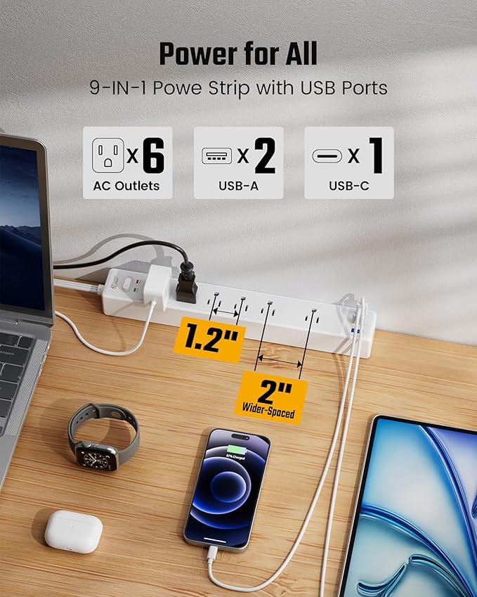 20Ft Long Extension Cord, SUPERDANNY Flat Plug Surge Protector Power Strip 20 Feet, 6 Outlets & 3 USB Ports, Wall Mountable Power Bar for Home Office, Dorm Room