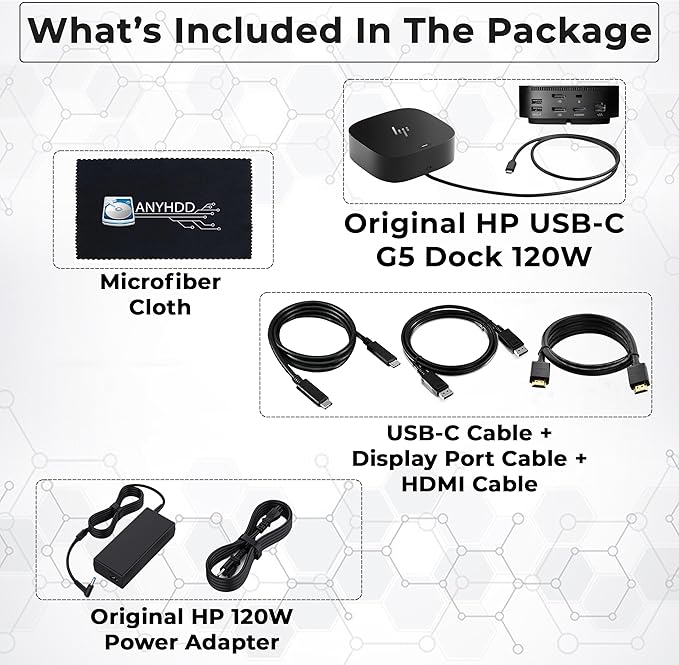 HP Docking Station for Laptop Dual Monitor and Charging Bundle - HP Dock 5TW10AA / 5TW10UT / 5TW10AA#ABB with 120W Adapter + HDMI Cable + DisplayPort Cable + USB-C Cable + Microfiber Cloth (Renewed)