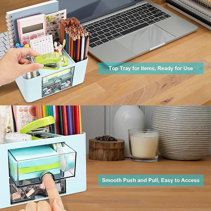 Plastic Pen Organizer, Multifunctional Desk Organizer with 2 Drawers, 4 Compartments & a Top Tray, Pencil Holder Desktop Organizers and Accessories for Office, 7.7" x 5.5" x 3.9" (Blue)